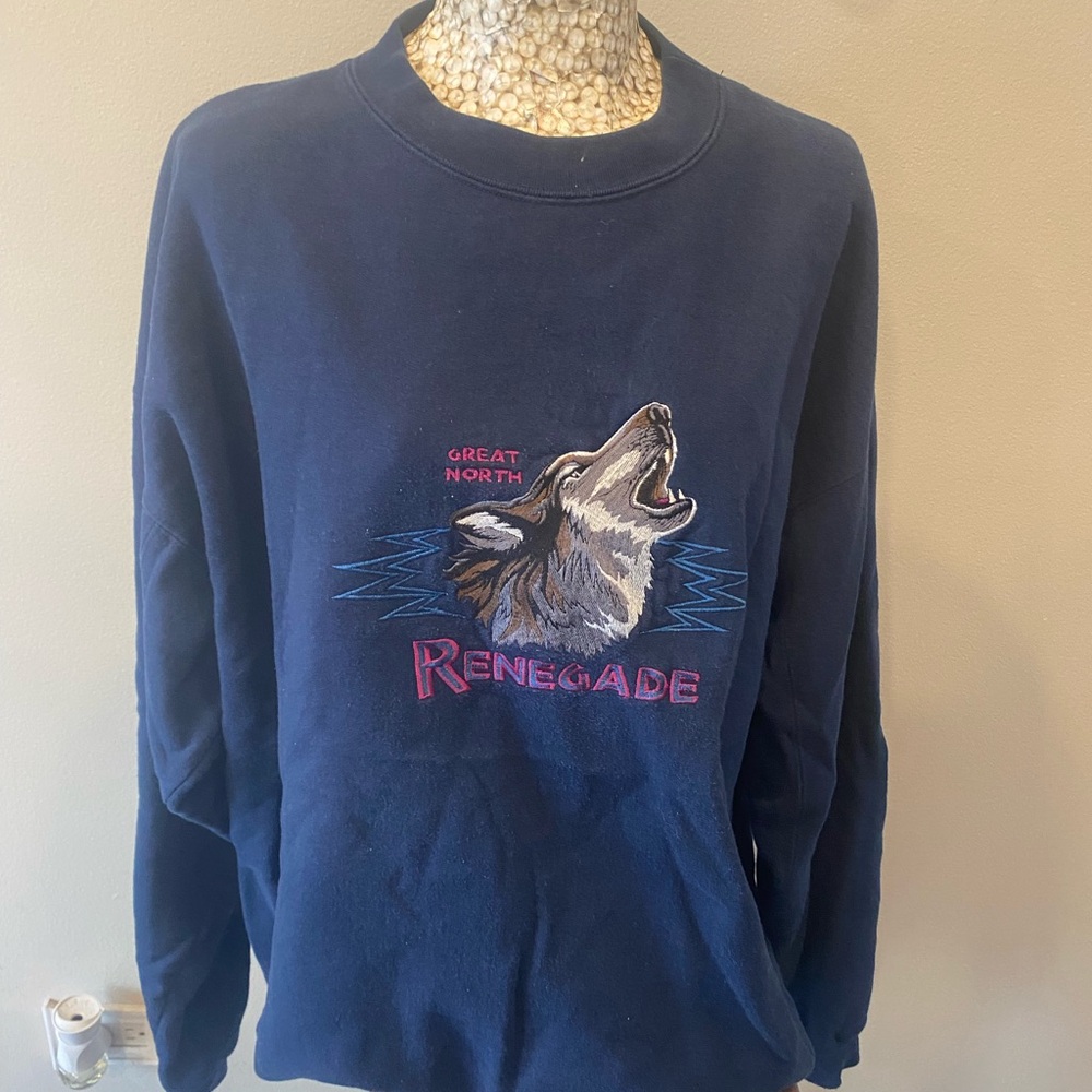 Vintage 90s Head Navy Blue Wolf Crewneck